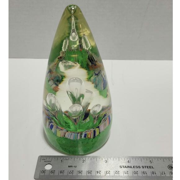 Teardrop Egg Shaped Bubbles Green Multicolor Art Glass Paperweight Stalagmites - Picture 14 of 16